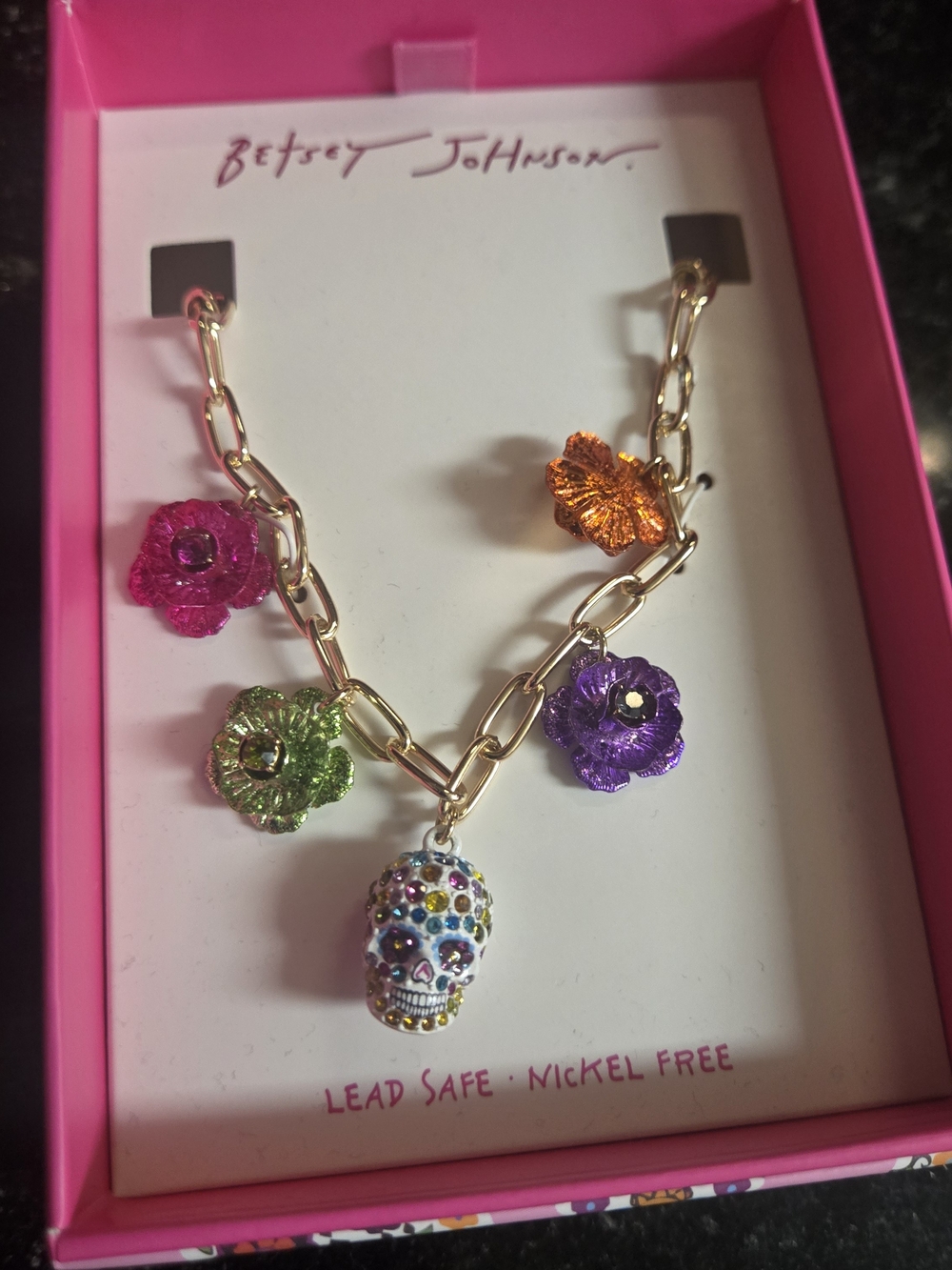 Betsey Johnson Multicolor Floral & Skull Charm Necklace - Gold Chain